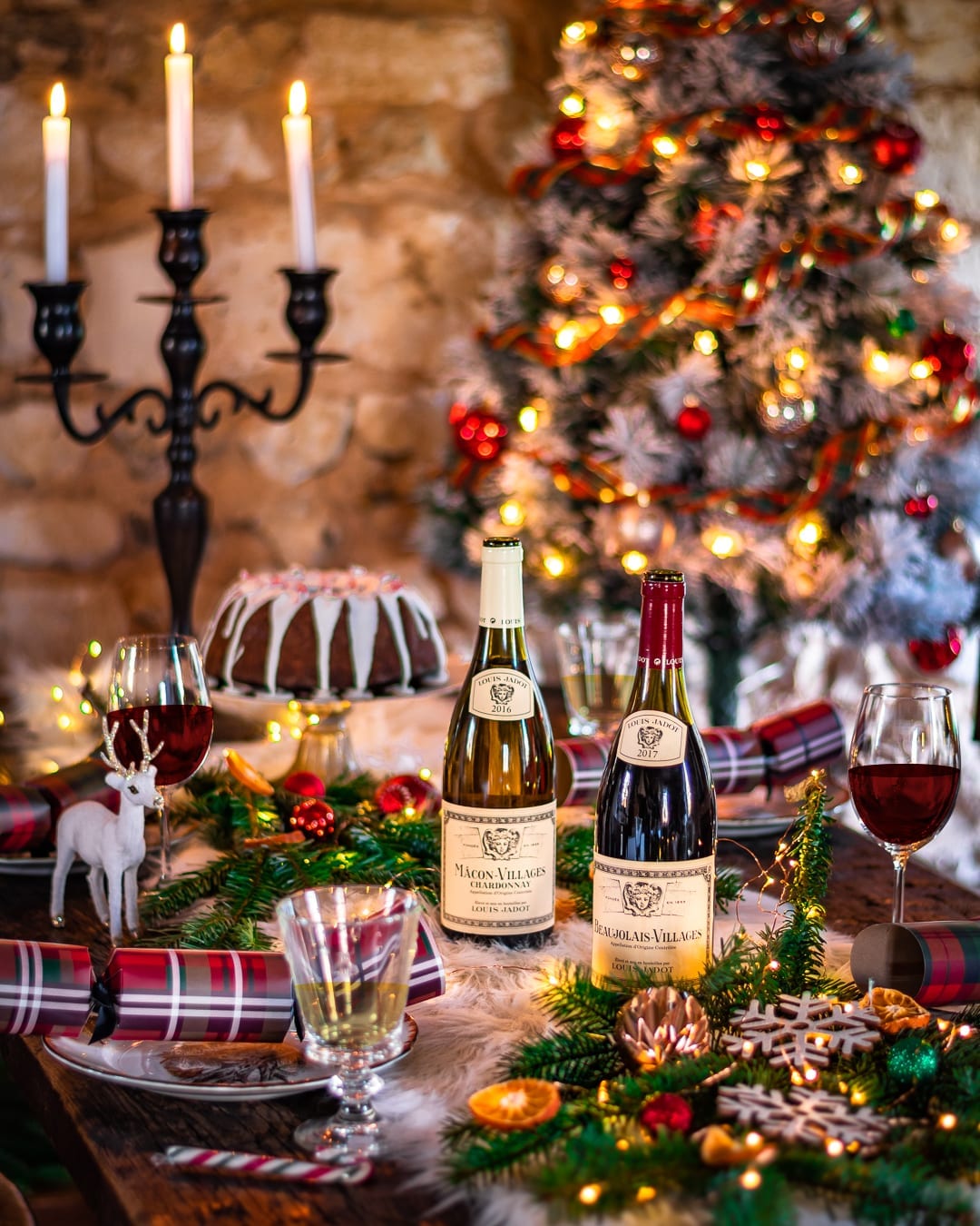 Louis Jadot red wine, white wine, Christmas setting, holiday