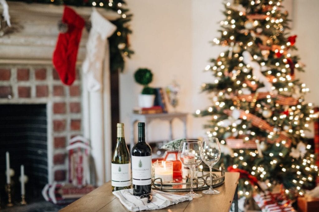 Sequoia Grove holidays, christmas tree, lights, wine, table