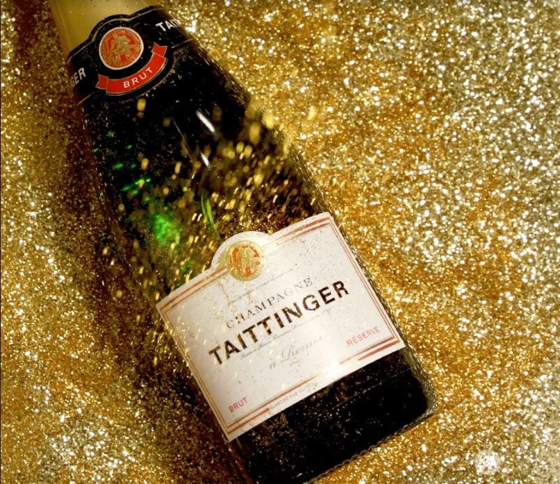 Champagne Taittinger, glitter, New Year's bottle, sparkle