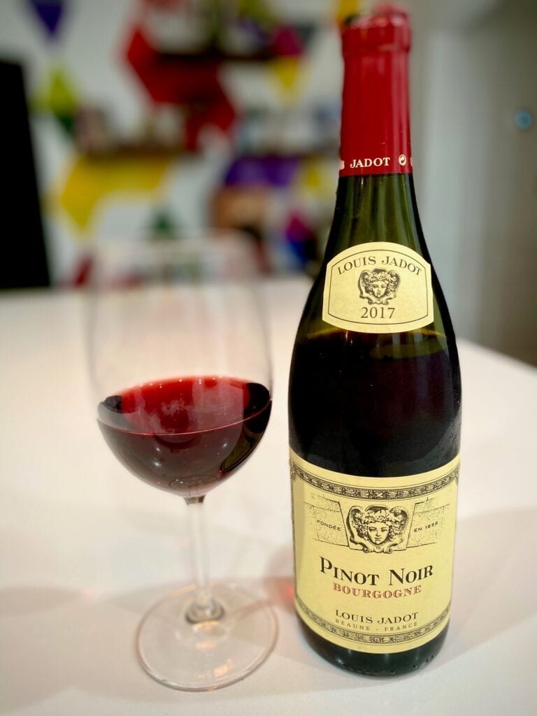 Red wine, Louis Jadot Bourgogne Pinot Noir Burgundy, French wine bottle, wine glass