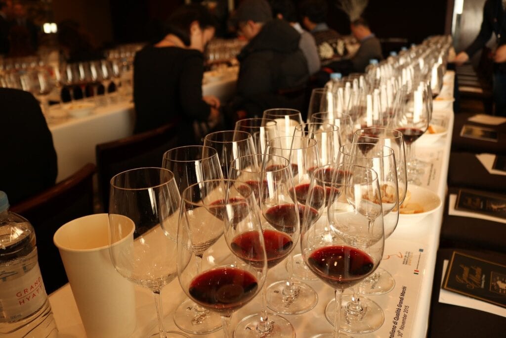 Line of Glasses with Red Wine