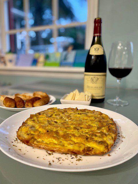 Spanish tortilla and croquettes and Beaujolais wine