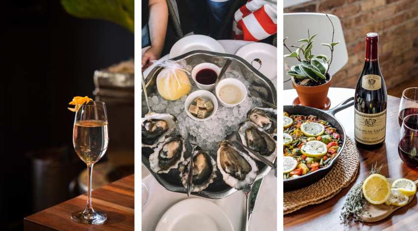 sake cocktail, oysters, and beaujolais villages