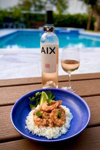 AIX Wine and Thai Peanut Coconut Shrimp by Pool