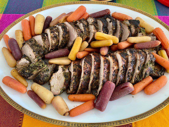 Grilled Marinated Pork Tenderloin with Grill-Roasted Rainbow Baby Carrots