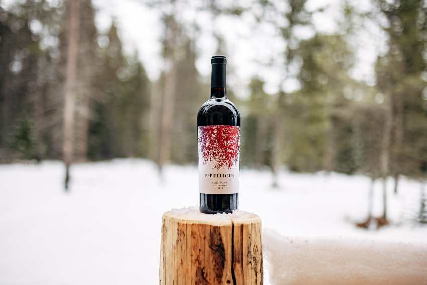 red wine on stump outside in the snow