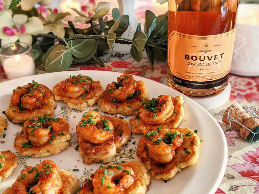 Bouvet Rose Excellence with shrimp corn fritters for Galentines Day