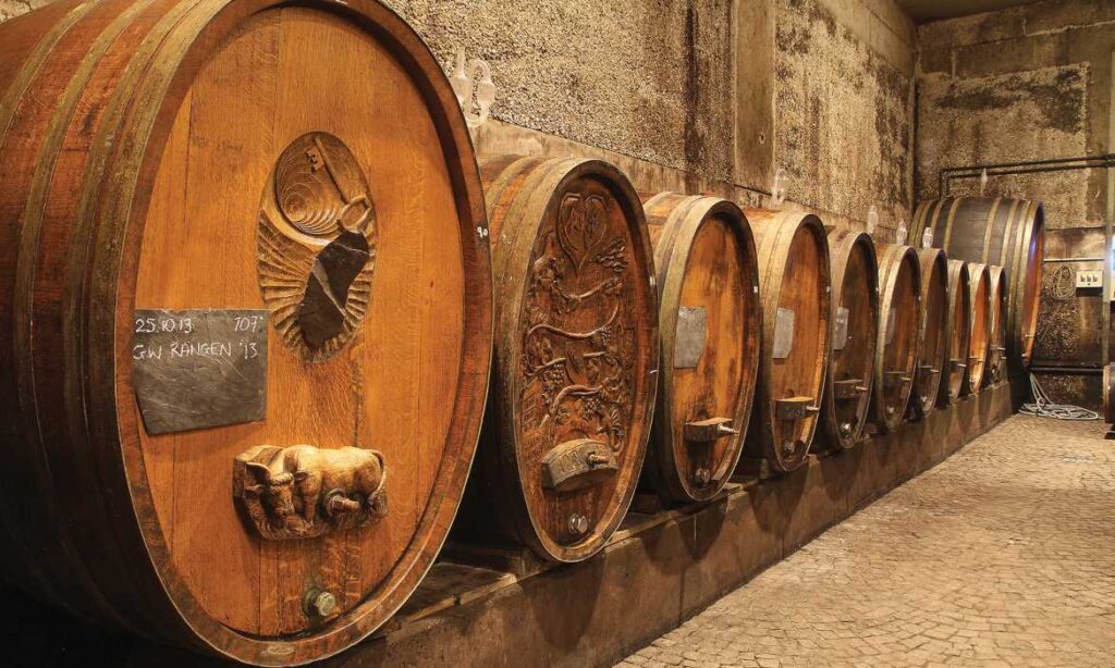 Cellar carvings on barrels of wines of Alsace